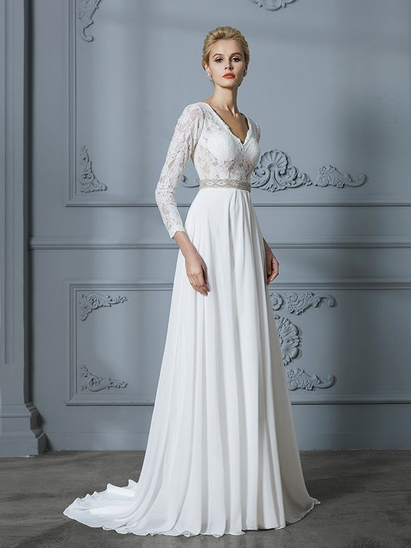 Sweep/Brush A-Line/Princess V-neck Lace Sleeves 3/4 Train Chiffon Wedding Dresses