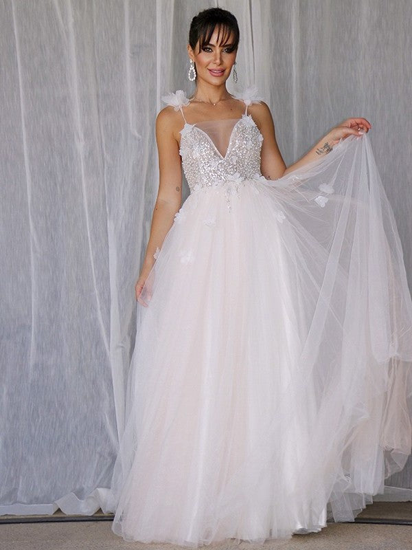 V-neck Sleeveless Tulle Beading A-Line/Princess Floor-Length Wedding Dresses