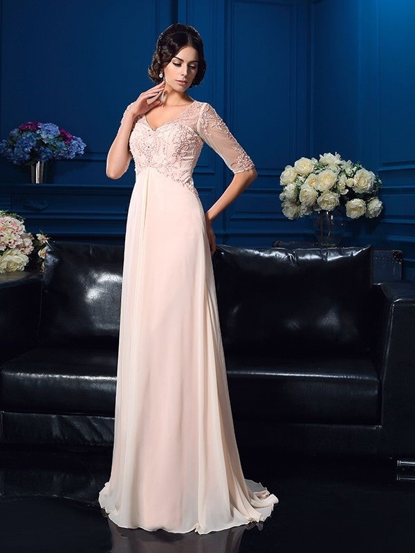 Beading A-Line/Princess Long V-neck Chiffon Sleeves 1/2 Mother of the Bride Dresses