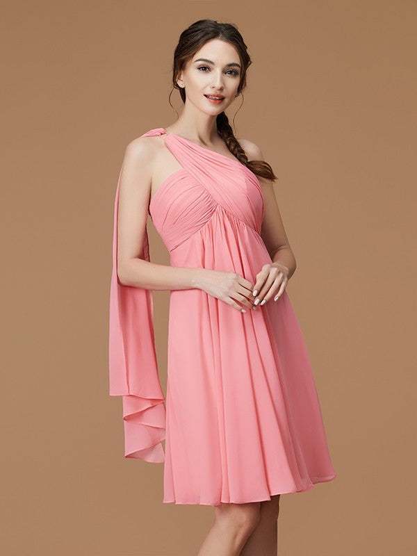 Sleeveless Ruched Short/Mini A-Line/Princess One-Shoulder Chiffon Bridesmaid Dresses