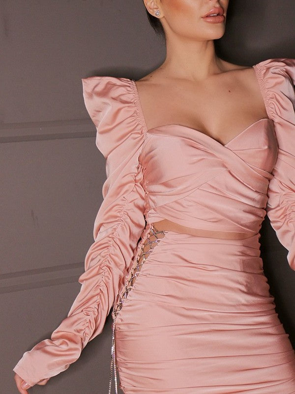 Charmeuse Sheath/Column Ruched Sweetheart Long Sleeves Short/Mini Homecoming Dresses