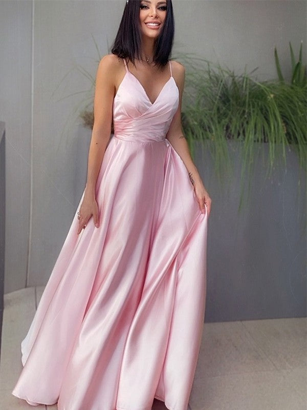 Satin V-neck A-Line/Princess Ruched Sleeveless Floor-Length Dresses