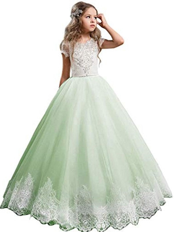 Gown V-neck Sleeves Tulle Short Floor-Length Lace Ball Flower Girl Dresses