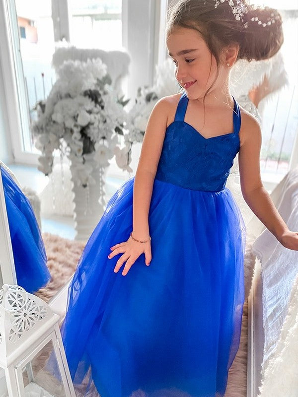 Sleeveless Halter Tulle Tea-Length Ruffles A-Line/Princess Flower Girl Dresses