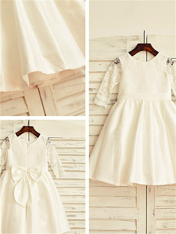 Lace Jewel Long Sleeves Tea-Length Satin A-line/Princess Flower Girl Dresses