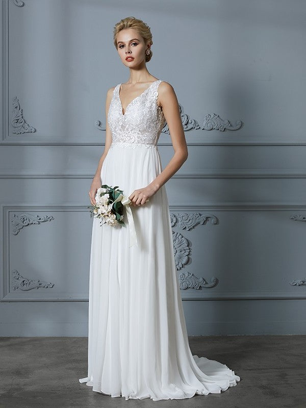 Train A-Line/Princess Sleeveless V-neck Sweep/Brush Chiffon Wedding Dresses