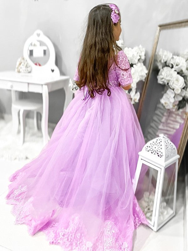 Tulle Sleeves Ball 1/2 Off-the-Shoulder Sweep/Brush Lace Gown Train Flower Girl Dresses