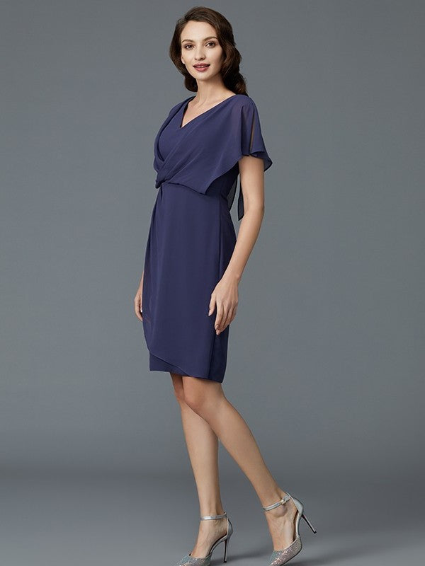 Chiffon V-neck Sleeves Short of Mother Knee-Length Sheath/Column the Bride Dresses