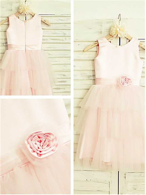 Tulle Hand-made Tea-Length A-line/Princess Sleeveless Flower Scoop Flower Girl Dresses