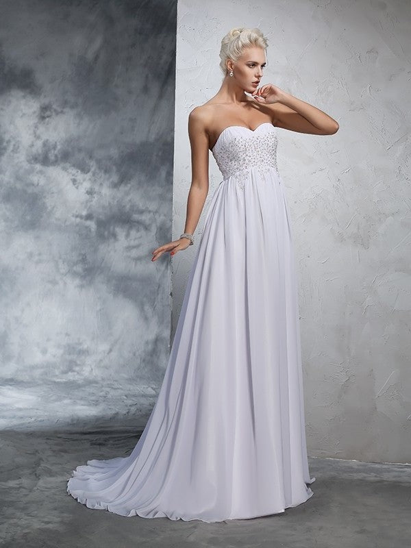 Sweetheart Sleeveless A-Line/Princess Long Beading Chiffon Wedding Dresses