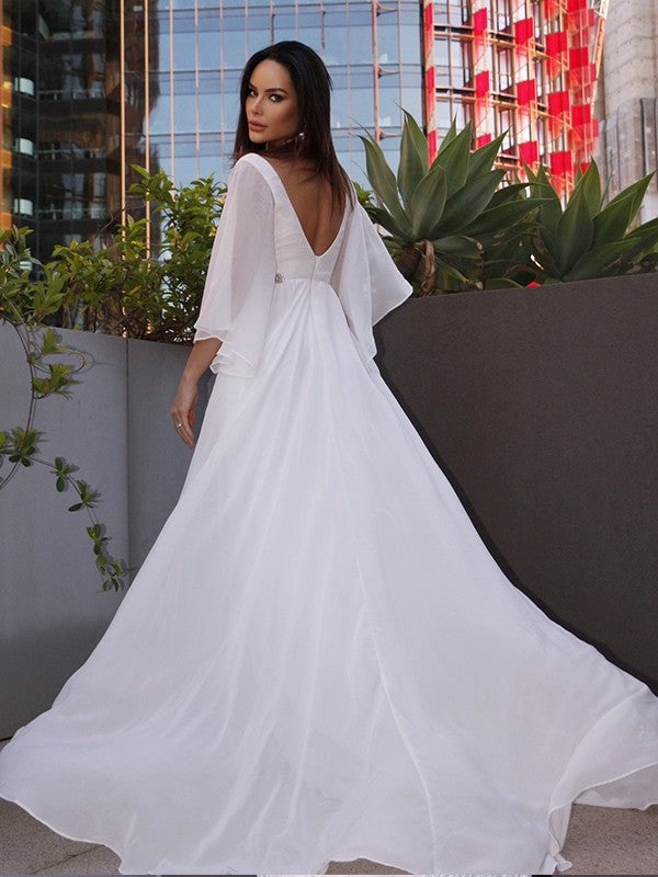 Sweep/Brush 3/4 Sleeves Chiffon Sash/Ribbon/Belt A-Line/Princess V-neck Train Wedding Dresses