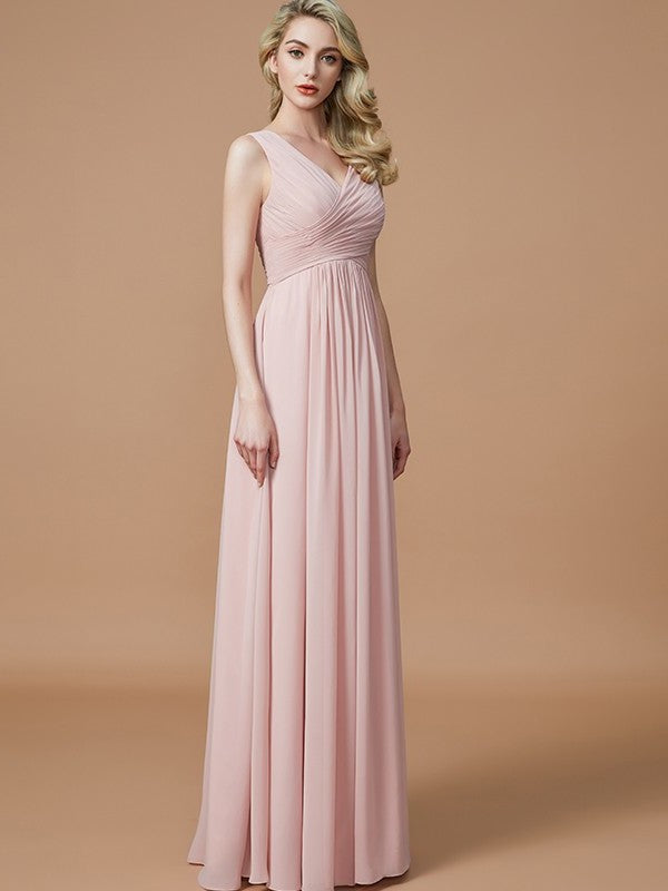 V-neck Ruched Floor-Length Sleeveless A-Line/Princess Chiffon Bridesmaid Dresses