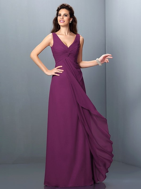 Straps Sleeveless A-Line/Princess Long Pleats Chiffon Bridesmaid Dresses