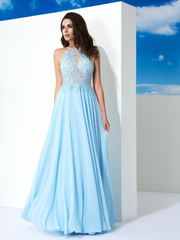 Spaghetti Sleeveless Applique A-Line/Princess Straps Long Chiffon Dresses