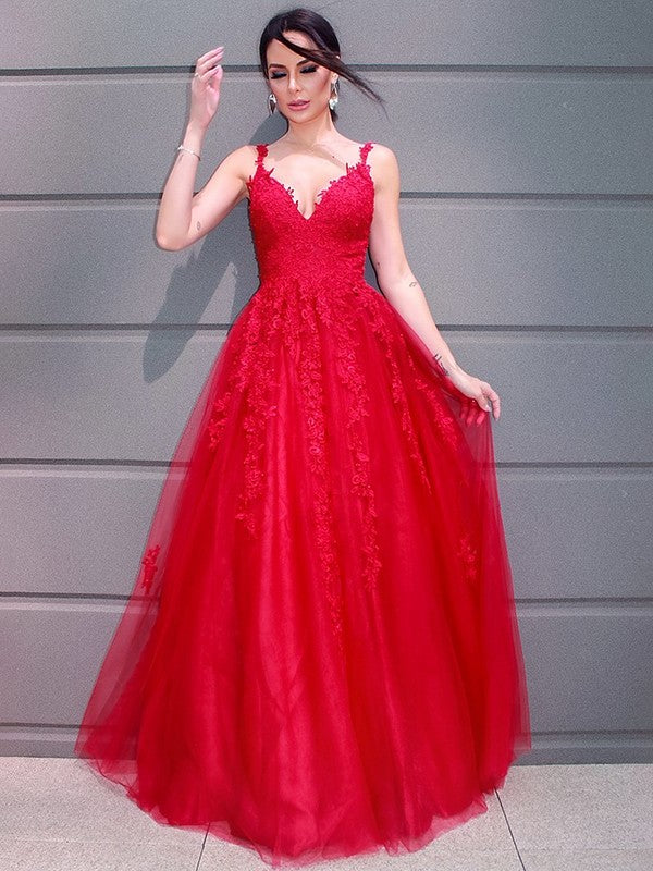 A-Line/Princess V-neck Floor-Length Tulle Applique Sleeveless Dresses