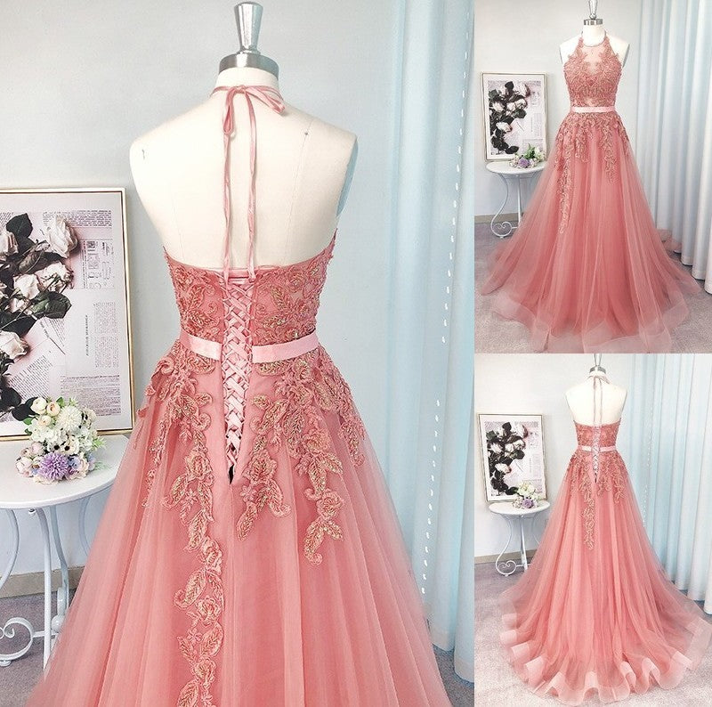 Tulle Applique Sleeveless A-Line/Princess Halter Sweep/Brush Train Dresses