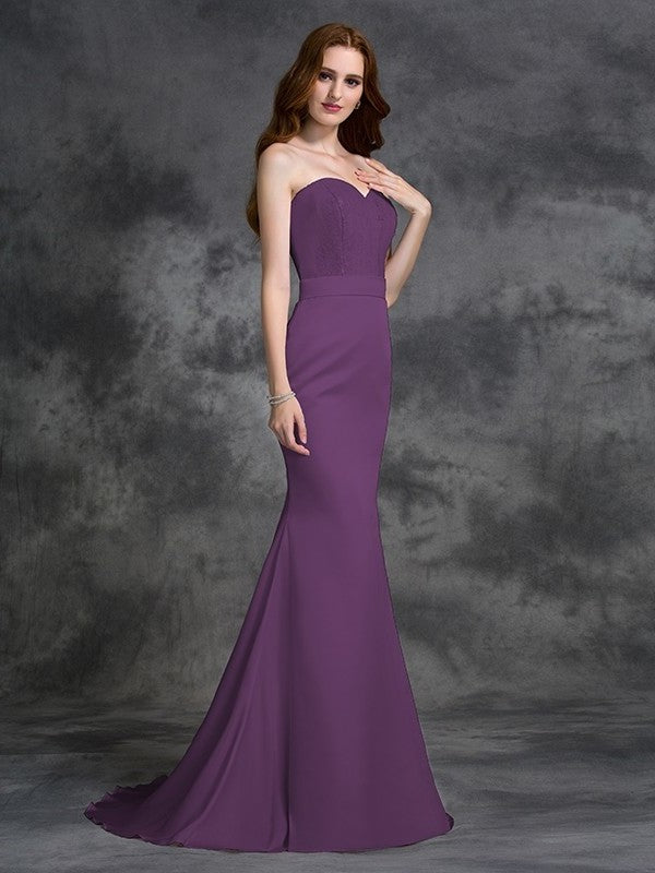 Sweetheart Long Beading Trumpet/Mermaid Sleeveless Satin Chiffon Bridesmaid Dresses