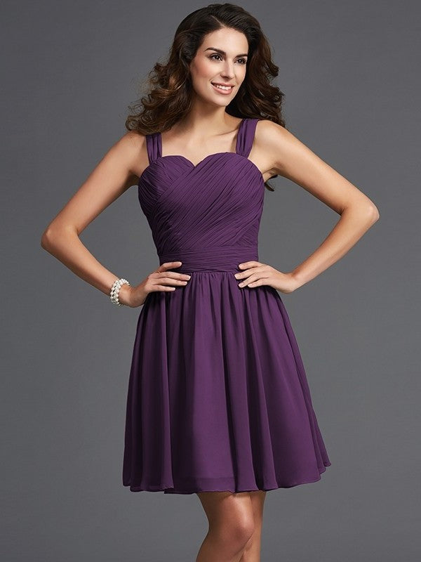 Straps Short Sleeveless A-Line/Princess like Ruffles Silk Satin Bridesmaid Dresses