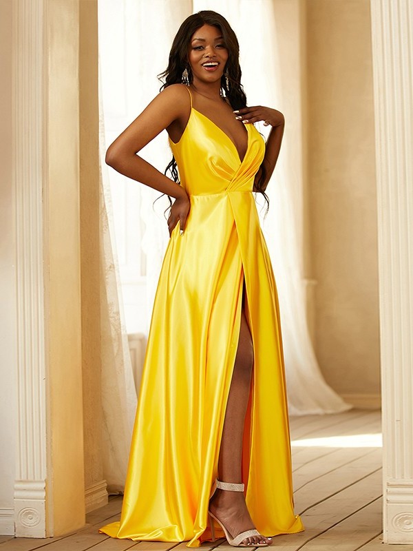 V-neck Sleeveless like Silk A-Line/Princess Ruched Satin Sweep/Brush Train Dresses