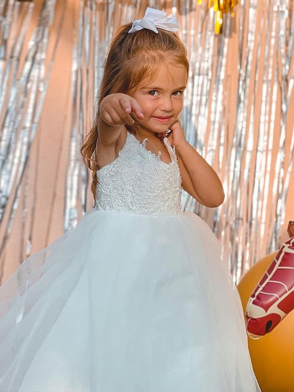 Lace Straps Gown Ball Sleeveless Floor-Length Tulle Flower Girl Dresses