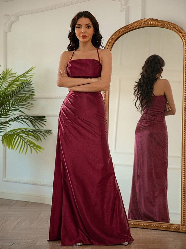 Halter Ruched Sheath/Column Satin Elastic Woven Sleeveless Floor-Length Dresses