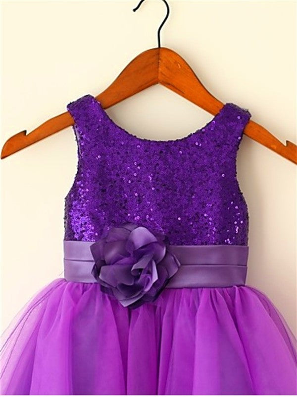 A-line/Princess Scoop Tulle Sleeveless Sequin Tea-Length Flower Girl Dresses