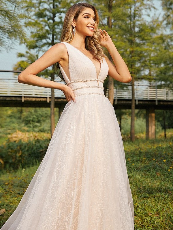 V-neck Ruffles Tulle Sleeveless Sweep/Brush A-Line/Princess Train Wedding Dresses