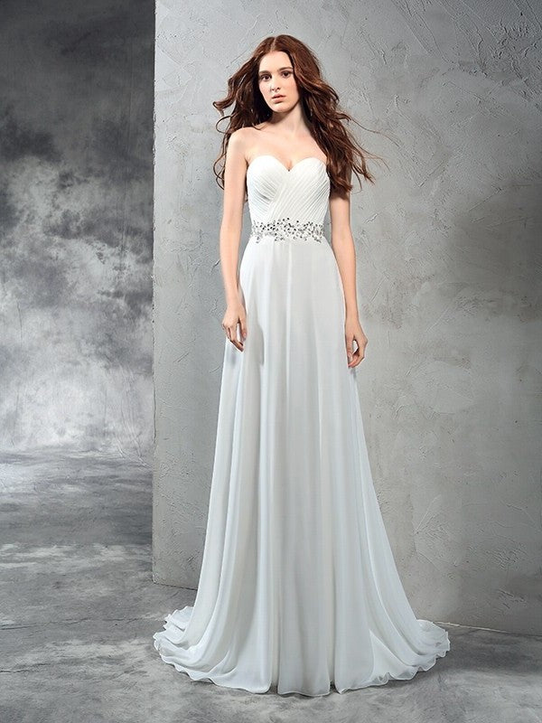 Sweetheart Long Pleats Sleeveless A-Line/Princess Chiffon Wedding Dresses