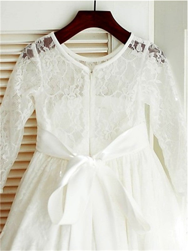 Lace Ankle-Length A-line/Princess Sleeves Long Bowknot Scoop Flower Girl Dresses