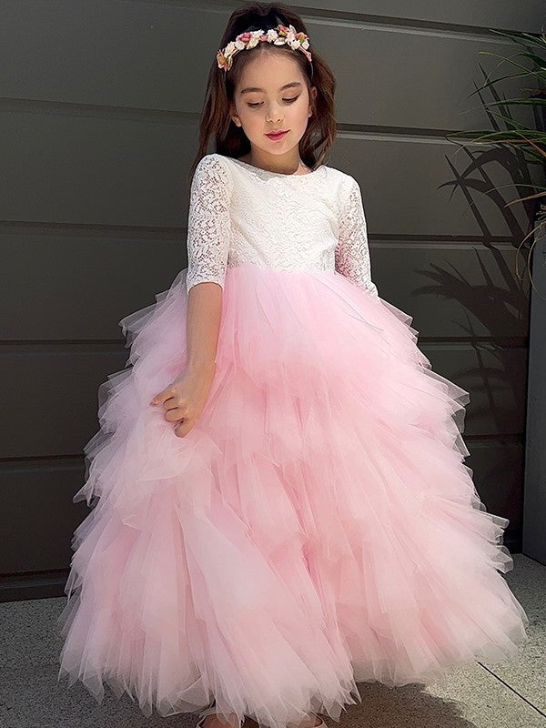 Sleeves 3/4 A-Line/Princess Tulle Scoop Lace Ankle-Length Flower Girl Dresses