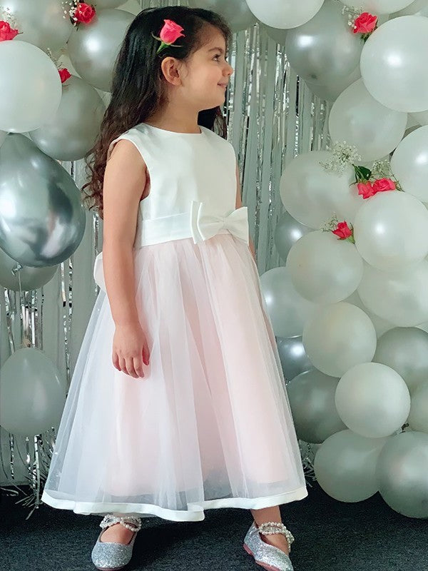 Sleeveless Tea-Length Bowknot Organza A-Line/Princess Scoop Flower Girl Dresses