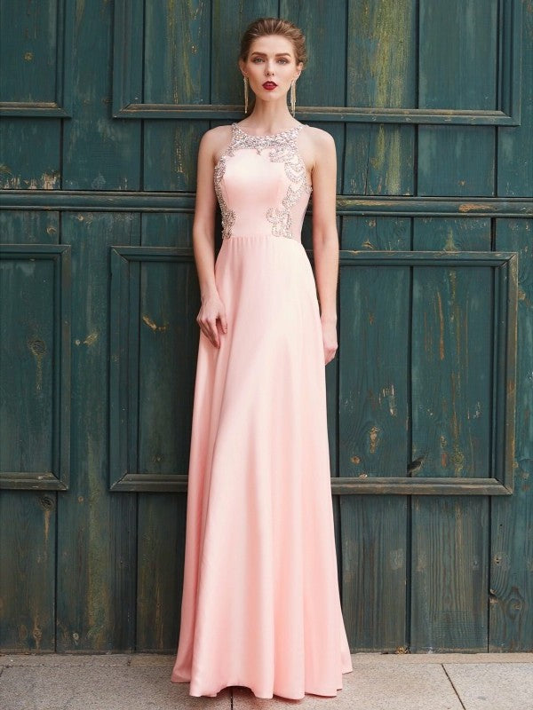 A-Line/Princess Beading Scoop Sleeveless Satin Floor-Length Dresses