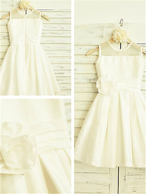 Tea-Length Hand-made Scoop Sleeveless A-line/Princess Flower Chiffon Flower Girl Dresses