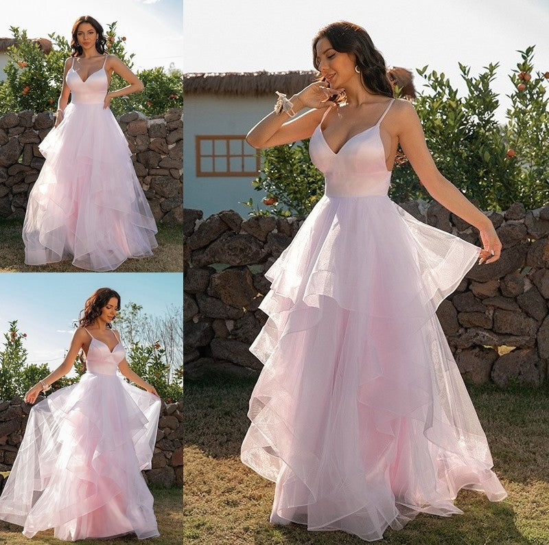 Tulle V-neck A-Line/Princess Ruffles Sleeveless Floor-Length Dresses