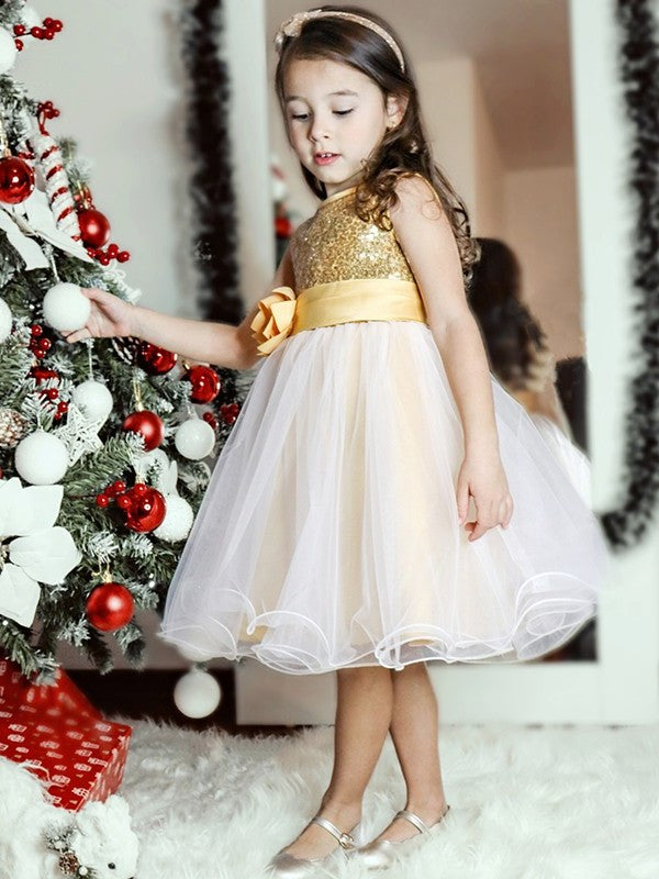 Scoop Sleeveless A-Line/Princess Tea-Length Organza Sequin Flower Girl Dresses