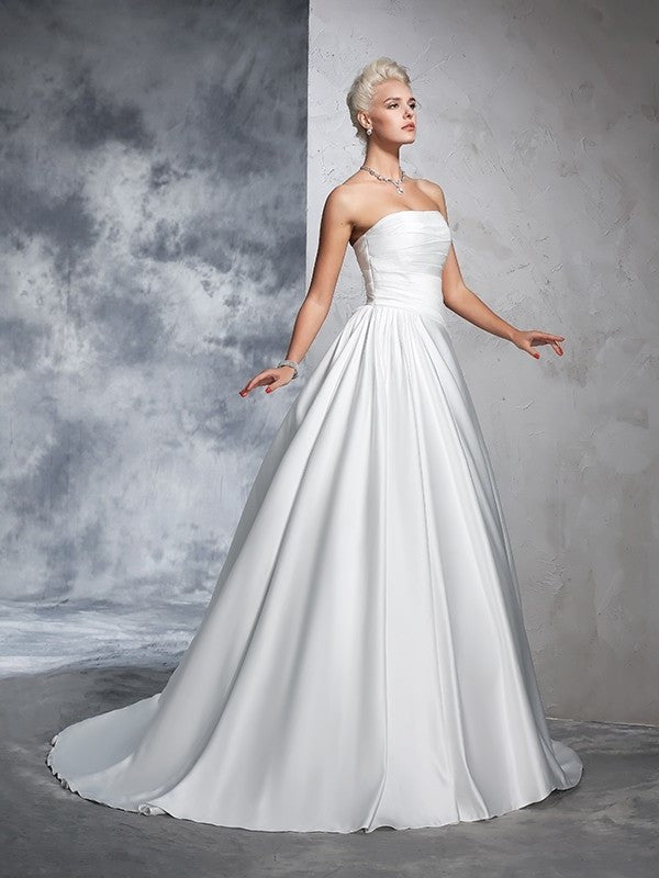 Strapless Gown Ruched Long Sleeveless Ball Satin Wedding Dresses