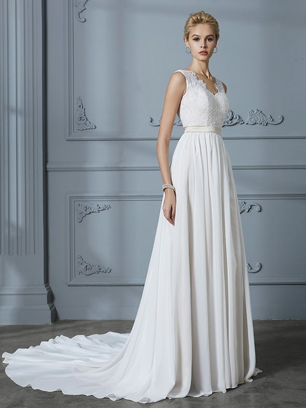 V-neck A-Line/Princess Chiffon Court Sleeveless Train Wedding Dresses