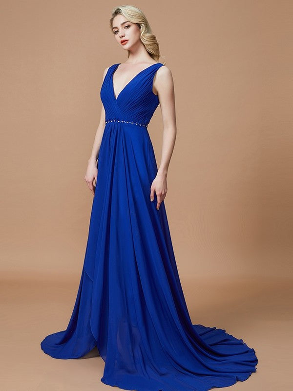 V-neck Chiffon Sleeveless Sweep/Brush A-Line/Princess Train Bridesmaid Dresses