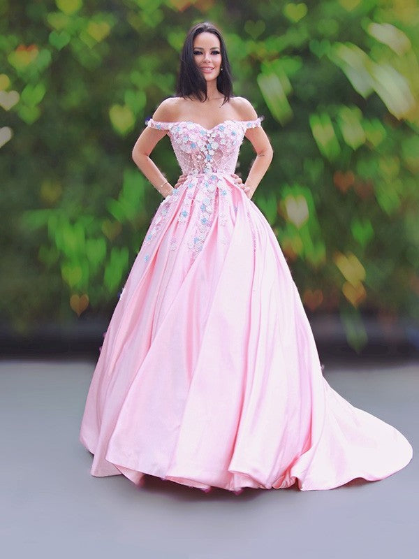 Applique Sleeveless Satin Off-the-Shoulder A-Line/Princess Sweep/Brush Train Dresses