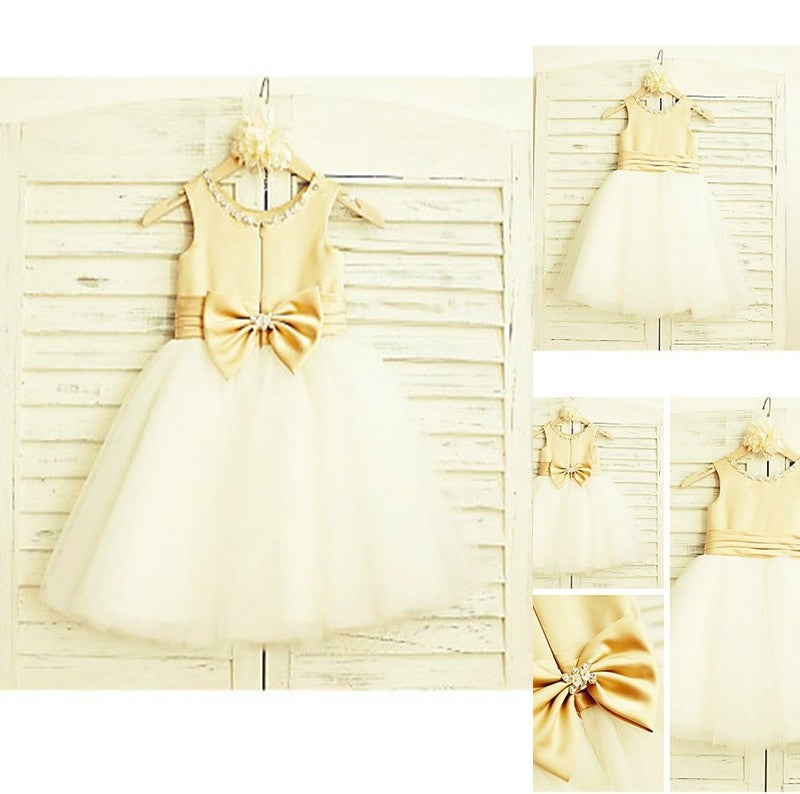 Sleeveless Scoop Tea-Length Tulle Bowknot A-line/Princess Flower Girl Dresses