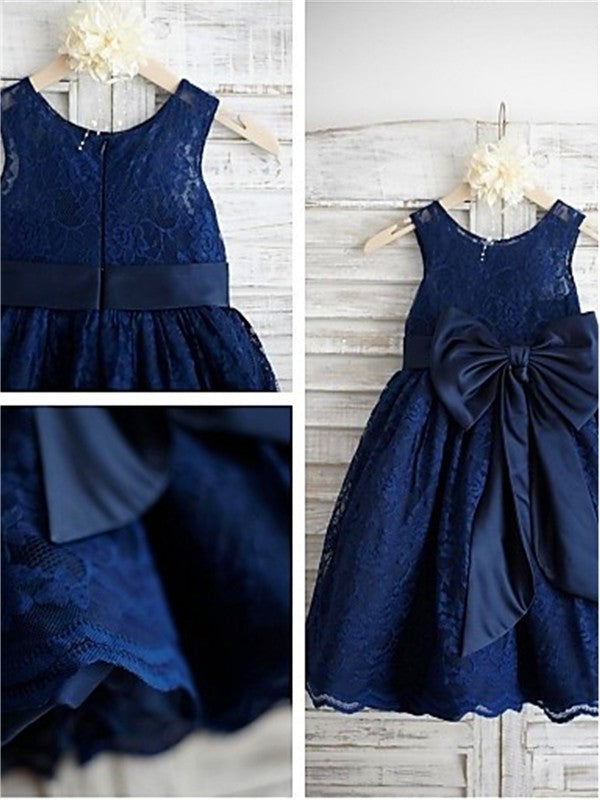 Scoop A-line/Princess Bowknot Tea-Length Lace Sleeveless Flower Girl Dresses