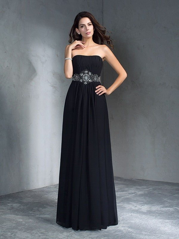 Strapless A-Line/Princess Beading Sleeveless Long Chiffon Dresses