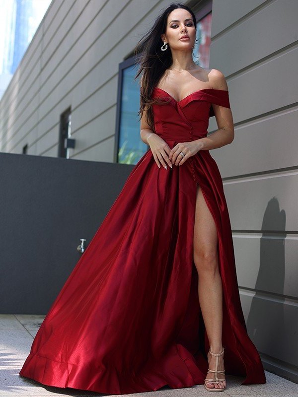 Satin Ruffles A-Line/Princess Sleeveless Off-the-Shoulder Sweep/Brush Train Dresses