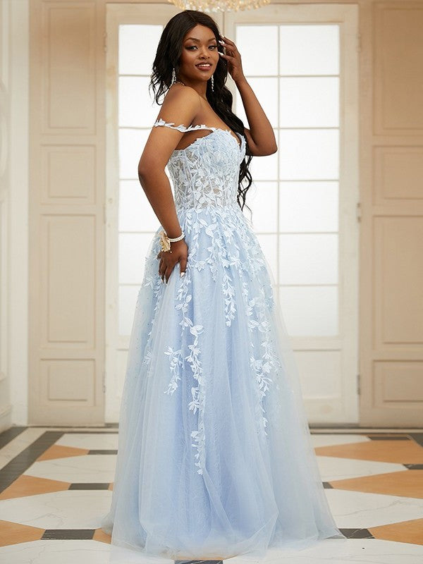 Sleeveless Off-the-Shoulder Tulle A-Line/Princess Applique Sweep/Brush Train Dresses