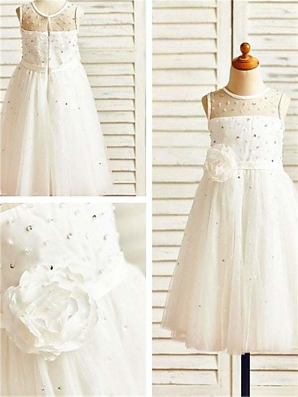 Scoop Hand-made Tulle A-line/Princess Tea-Length Flower Sleeveless Flower Girl Dresses