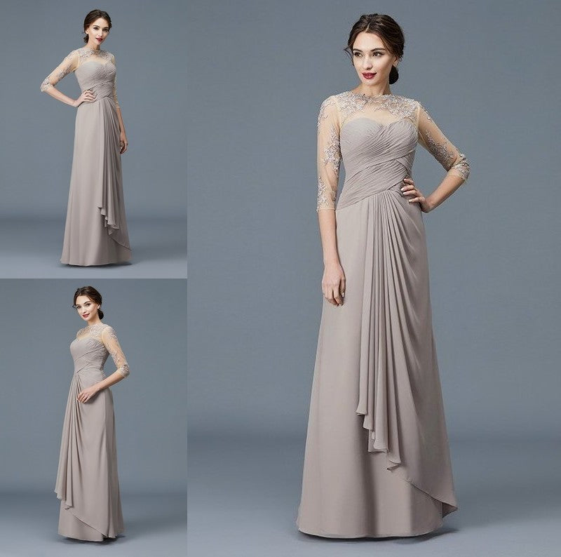 Sleeves Ruffles Neck of Floor-Length A-Line/Princess Sheer Mother 3/4 Chiffon the Bride Dresses