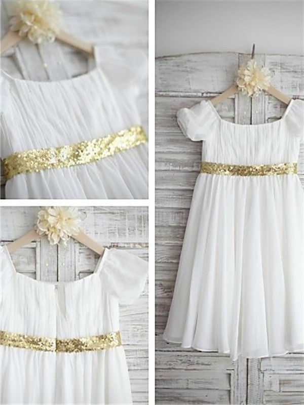 Sleeves Tea-Length Beading Short A-line/Princess Bateau Chiffon Flower Girl Dresses