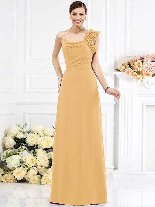 Spaghetti Hand-Made Sheath/Column Long Flower Sleeveless Straps Chiffon Bridesmaid Dresses