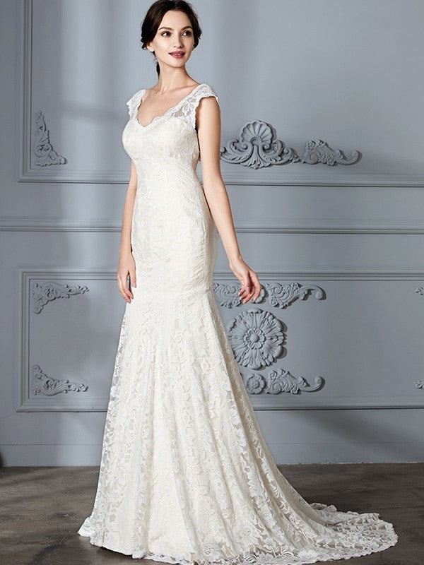 Lace V-Neck Sleeveless Sweep/Brush Trumpet/Mermaid Train Wedding Dresses