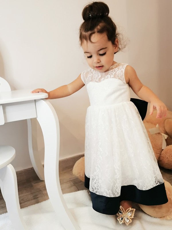 Scoop A-Line/Princess Bowknot Sleeveless Ankle-Length Lace Flower Girl Dresses